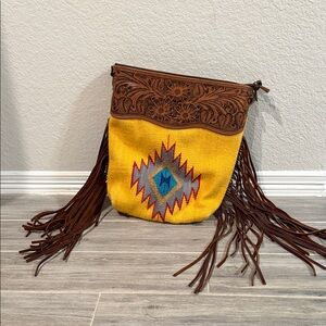 American Darling Yellow and Brown Fringed Shoulder Bag